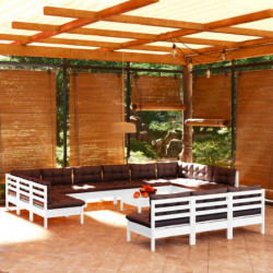 14-tlg. Garten-Lounge-Set mit Kissen Weiß Kiefer Massivholz