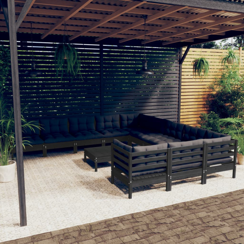 12-tlg. Garten-Lounge-Set mit Kissen Schwarz Kiefernholz