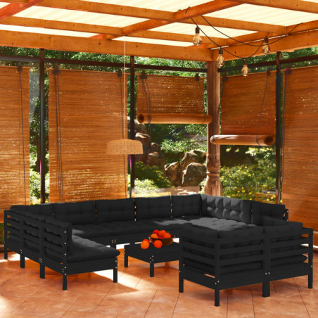 12-tlg. Garten-Lounge-Set mit Kissen Schwarz Massivholz Kiefer