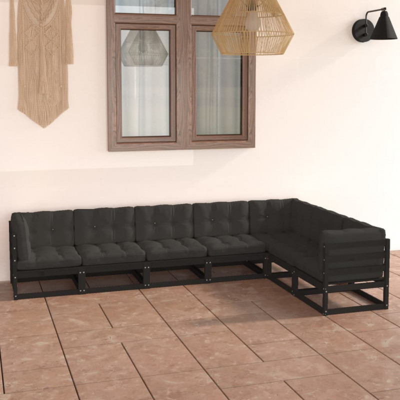 7-tlg. Garten-Lounge-Set mit Kissen Schwarz Massivholz Kiefer