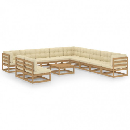 12-tlg. Garten-Lounge-Set Kissen Honigbraun Kiefer Massivholz