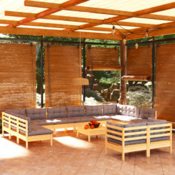 13-tlg. Garten-Lounge-Set mit Grauen Kissen Kiefernholz