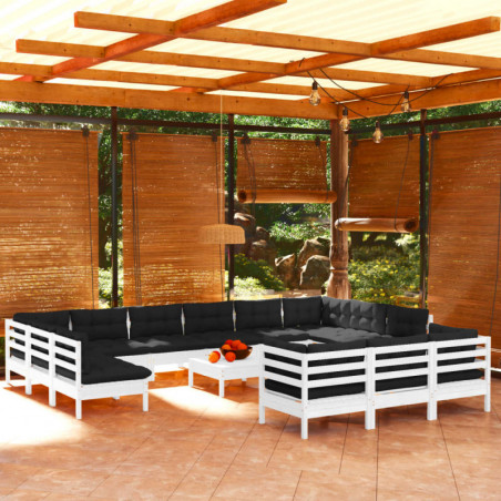 14-tlg. Garten-Lounge-Set mit Kissen Weiß Kiefernholz