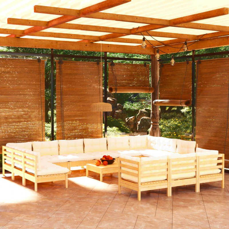 14-tlg. Garten-Lounge-Set mit Creme Kissen Kiefernholz