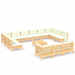 14-tlg. Garten-Lounge-Set mit Creme Kissen Kiefernholz