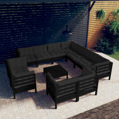 12-tlg. Garten-Lounge-Set mit Kissen Schwarz Massivholz Kiefer