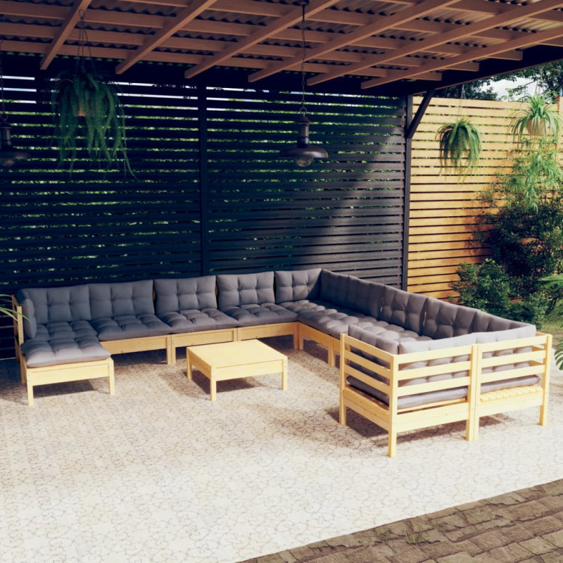 12-tlg. Garten-Lounge-Set mit Grauen Kissen Kiefernholz