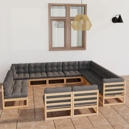 12-tlg. Garten-Lounge-Set mit Kissen Massivholz Kiefer