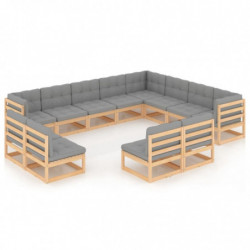 12-tlg. Garten-Lounge-Set mit Kissen Massivholz Kiefer