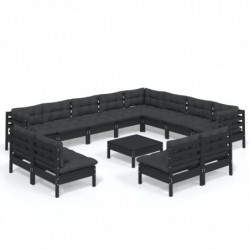 13-tlg. Garten-Lounge-Set mit Kissen Schwarz Massivholz Kiefer