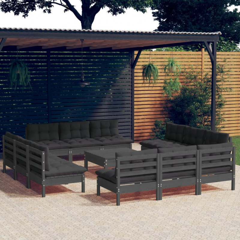 13-tlg. Garten-Lounge-Set mit Anthrazit Kissen Kiefernholz