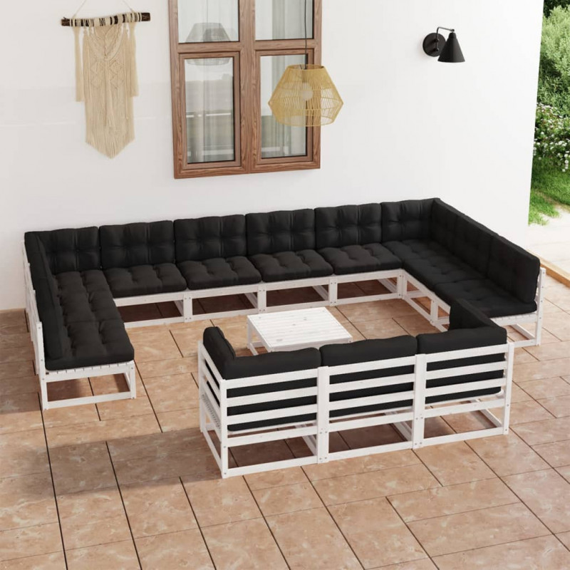 14-tlg. Garten-Lounge-Set mit Kissen Weiß Kiefer Massivholz