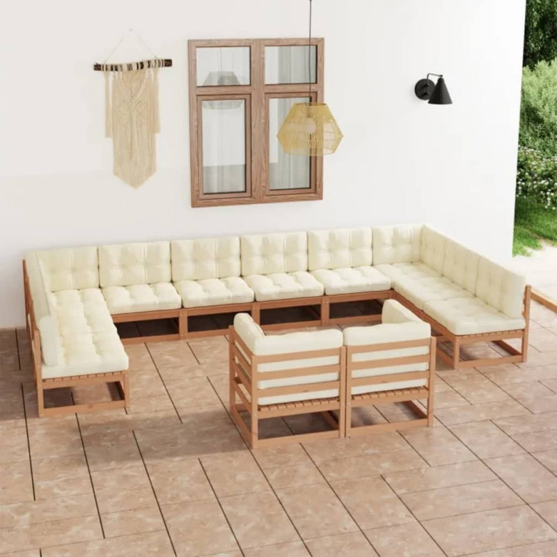 12-tlg. Garten-Lounge-Set Kissen Honigbraun Kiefer Massivholz