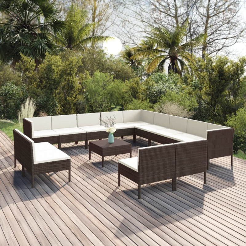 14-tlg. Garten-Lounge-Set mit Auflagen Poly Rattan Braun