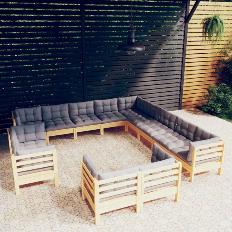 13-tlg. Garten-Lounge-Set mit Grauen Kissen Massivholz Kiefer