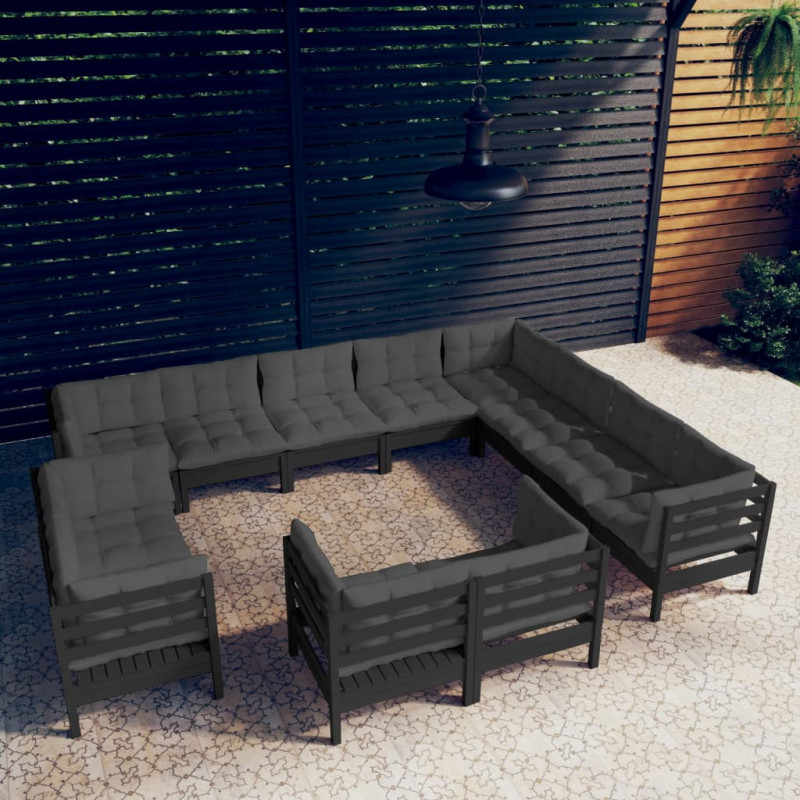 12-tlg. Garten-Lounge-Set mit Kissen Schwarz Massivholz Kiefer