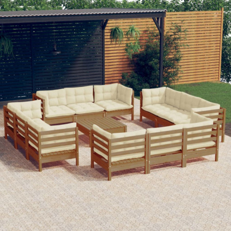 13-tlg. Garten-Lounge-Set mit Creme Kissen Kiefernholz