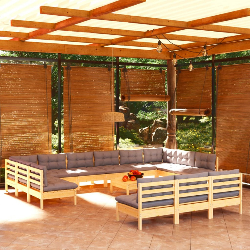 14-tlg. Garten-Lounge-Set mit Grauen Kissen Kiefer Massivholz