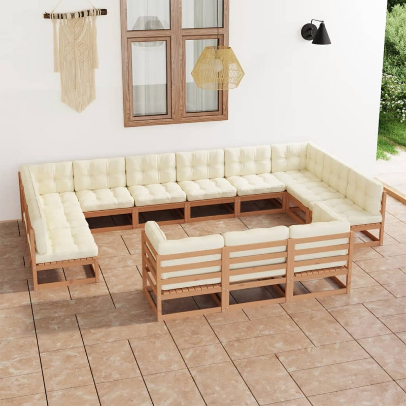 13-tlg. Garten-Lounge-Set Kissen Honigbraun Kiefer Massivholz