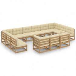 13-tlg. Garten-Lounge-Set Kissen Honigbraun Kiefer Massivholz