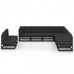 9-tlg. Garten-Lounge-Set mit Kissen Schwarz Massivholz Kiefer