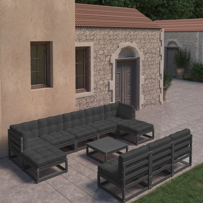 11-tlg. Garten-Lounge-Set mit Kissen Schwarz Massivholz Kiefer