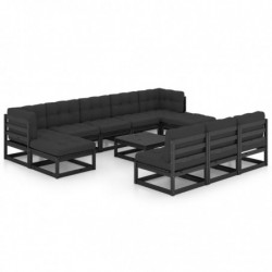 11-tlg. Garten-Lounge-Set mit Kissen Schwarz Massivholz Kiefer