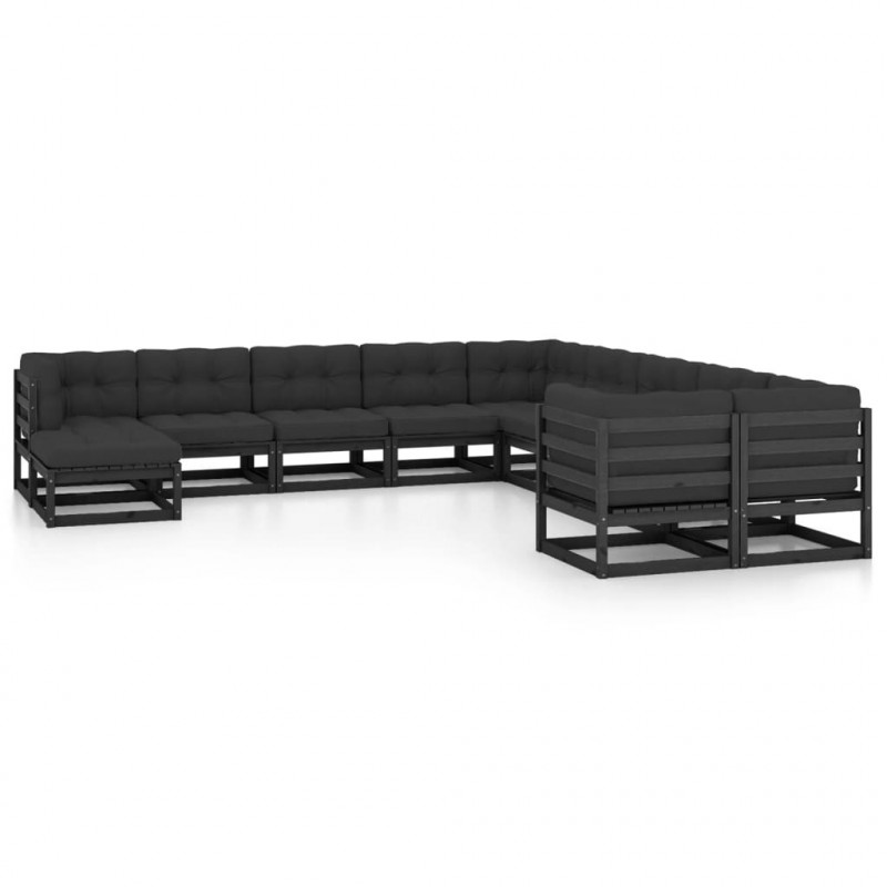 11-tlg. Garten-Lounge-Set mit Kissen Schwarz Massivholz Kiefer