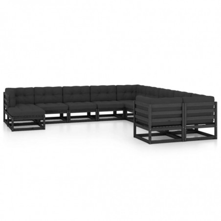 11-tlg. Garten-Lounge-Set mit Kissen Schwarz Massivholz Kiefer