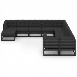 11-tlg. Garten-Lounge-Set mit Kissen Schwarz Massivholz Kiefer