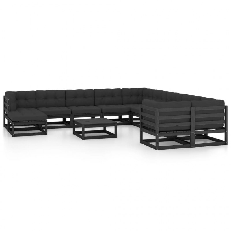 12-tlg. Garten-Lounge-Set mit Kissen Schwarz Kiefer Massivholz