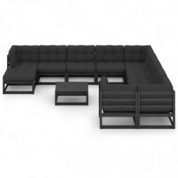 12-tlg. Garten-Lounge-Set mit Kissen Schwarz Kiefer Massivholz