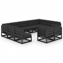 11-tlg. Garten-Lounge-Set mit Kissen Schwarz Massivholz Kiefer