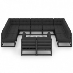 11-tlg. Garten-Lounge-Set mit Kissen Schwarz Massivholz Kiefer