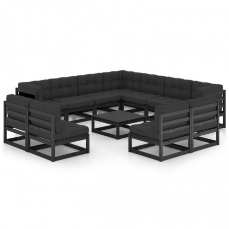 12-tlg. Garten-Lounge-Set mit Kissen Schwarz Kiefer Massivholz