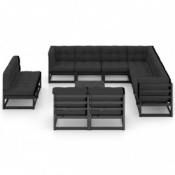 12-tlg. Garten-Lounge-Set mit Kissen Schwarz Kiefer Massivholz