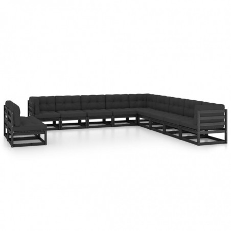 11-tlg. Garten-Lounge-Set mit Kissen Schwarz Massivholz Kiefer