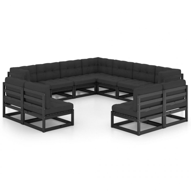 11-tlg. Garten-Lounge-Set mit Kissen Schwarz Massivholz Kiefer