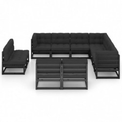 11-tlg. Garten-Lounge-Set mit Kissen Schwarz Massivholz Kiefer