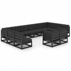 12-tlg. Garten-Lounge-Set mit Kissen Schwarz Kiefer Massivholz