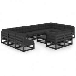 13-tlg. Garten-Lounge-Set mit Kissen Schwarz Massivholz Kiefer