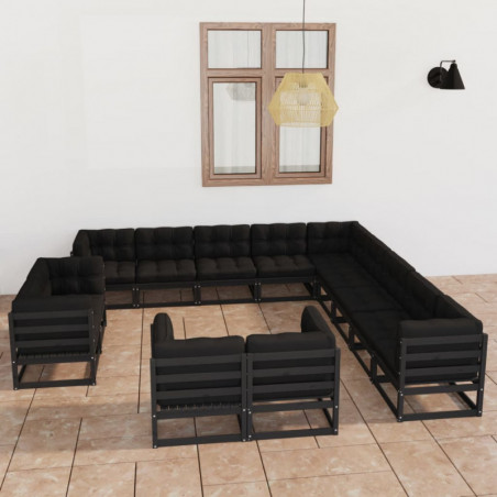 13-tlg. Garten-Lounge-Set mit Kissen Schwarz Massivholz Kiefer