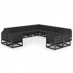 13-tlg. Garten-Lounge-Set mit Kissen Schwarz Massivholz Kiefer