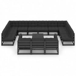 14-tlg. Garten-Lounge-Set mit Kissen Schwarz Kiefer Massivholz