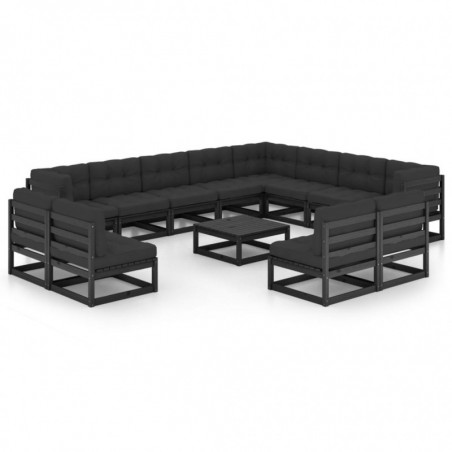 14-tlg. Garten-Lounge-Set mit Kissen Schwarz Kiefer Massivholz