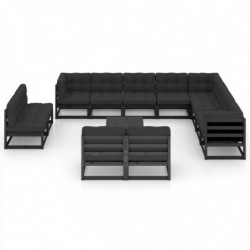 14-tlg. Garten-Lounge-Set mit Kissen Schwarz Kiefer Massivholz