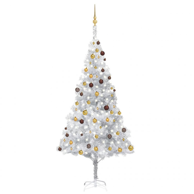 Künstlicher Weihnachtsbaum mit LEDs & Kugeln Silbern 240cm PET