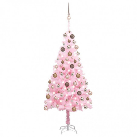Künstlicher Weihnachtsbaum mit LEDs & Kugeln Rosa 150 cm PVC