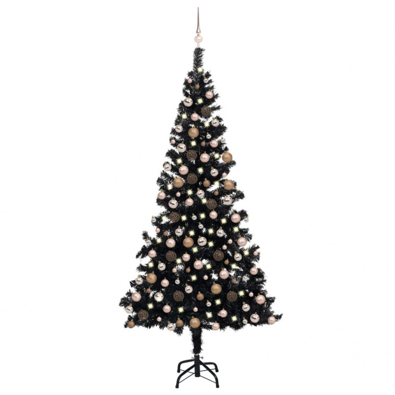 Künstlicher Weihnachtsbaum mit LEDs & Kugeln Schwarz 210cm PVC