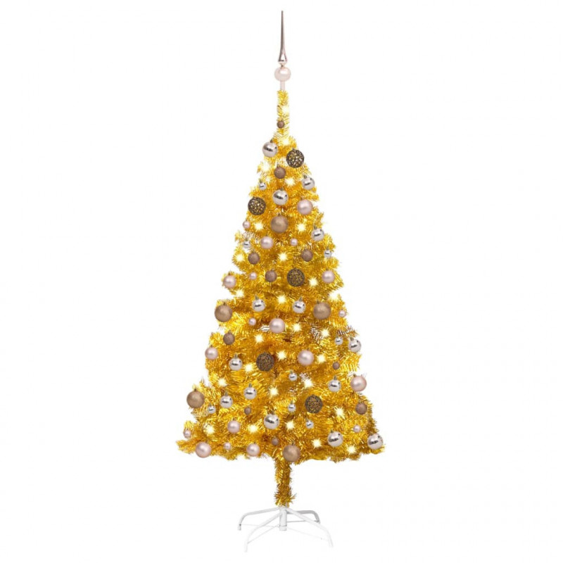 Künstlicher Weihnachtsbaum mit LEDs & Kugeln Golden 150cm PET